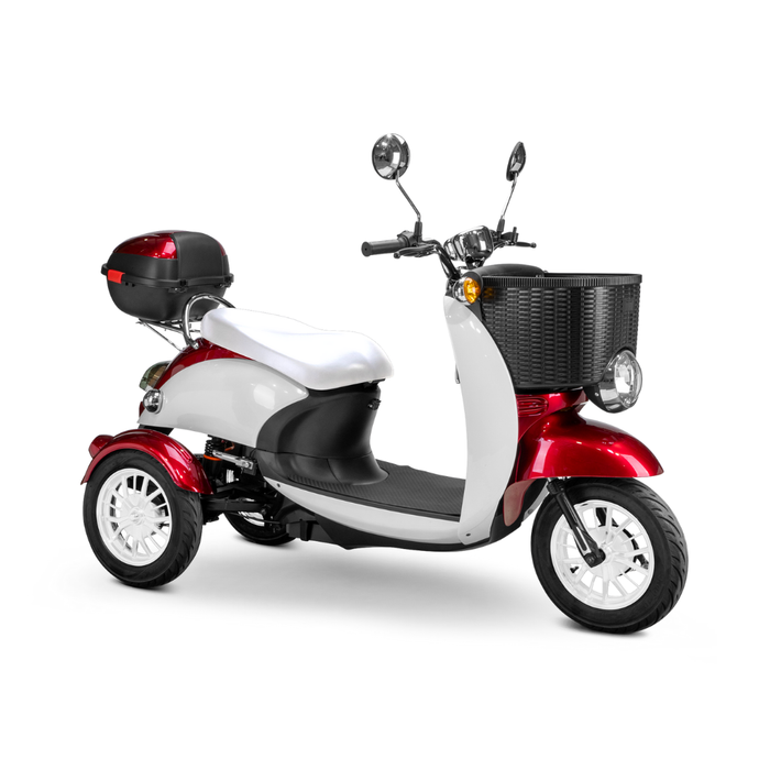 The Bespoke Supreme Euro-Style Recreational 3-Wheel Scooter with Electric Brake Assist features a 600W motor, red and white body, large wheels, side mirrors, black front basket, and rear storage box—shown on a white background.