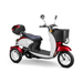The Bespoke Supreme Euro-Style Recreational 3-Wheel Scooter with Electric Brake Assist features a 600-watt motor, black front basket, rear storage box, black seat, red and white body, and two handlebar mirrors on a plain white background.