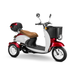The Bespoke Supreme Euro-Style Recreational 3-Wheel Scooter with Electric Brake Assist is a red and white electric scooter featuring a brown seat, black front basket, rear storage compartment, and advanced technology, shown on a white background.