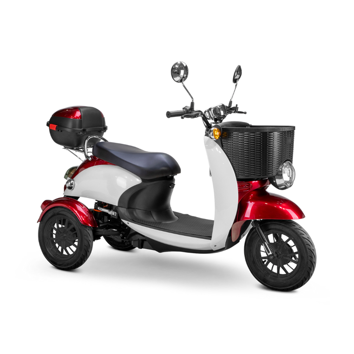 The Bespoke Supreme Euro-Style Recreational 3-Wheel Scooter with Electric Brake Assist features a red and white body, black seat, 600W motor, front basket, rear storage box, and side mirrors; shown on a white background.
