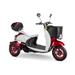 The Bespoke Supreme Euro-Style Recreational 3-Wheel Scooter with Electric Brake Assist features a red and white design, 600-watt motor, black front basket, rear storage box, and red-rimmed wheels, pictured on a white background.