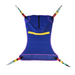 The Bestcare Full Body Sling is a blue mesh sling with four attachment points and a central zip. It features red, yellow, and green stripes, pink outlining, and a broad yellow strap for comfort in bariatric sizes.