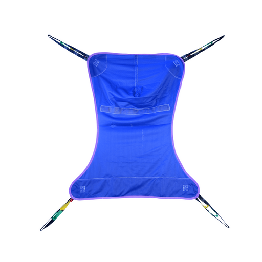 The Bestcare Full Body Sling, a blue and purple fabric sling for bariatric patients with four colorful strap attachments at each corner for lifting or support, is shown against a plain white background.