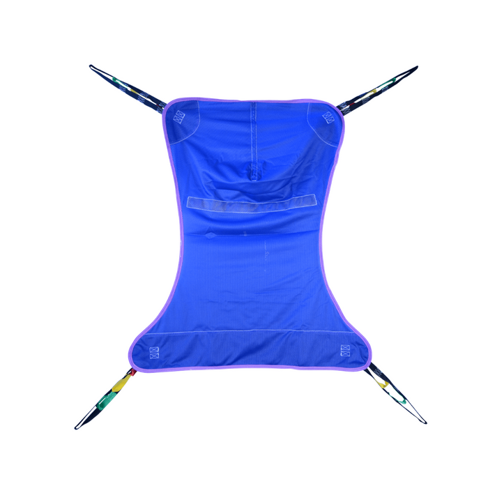 The Bestcare Full Body Sling, a blue and purple fabric sling for bariatric patients with four colorful strap attachments at each corner for lifting or support, is shown against a plain white background.