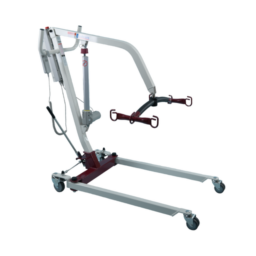 The Bestcare Bestlift PL182 Full Body Electric Patient Lift is a portable hydraulic lift for bariatric patients, featuring a white and maroon frame, TiMotion system, wheeled base for easy mobility, and a lifting arm with hooks for sling attachment.