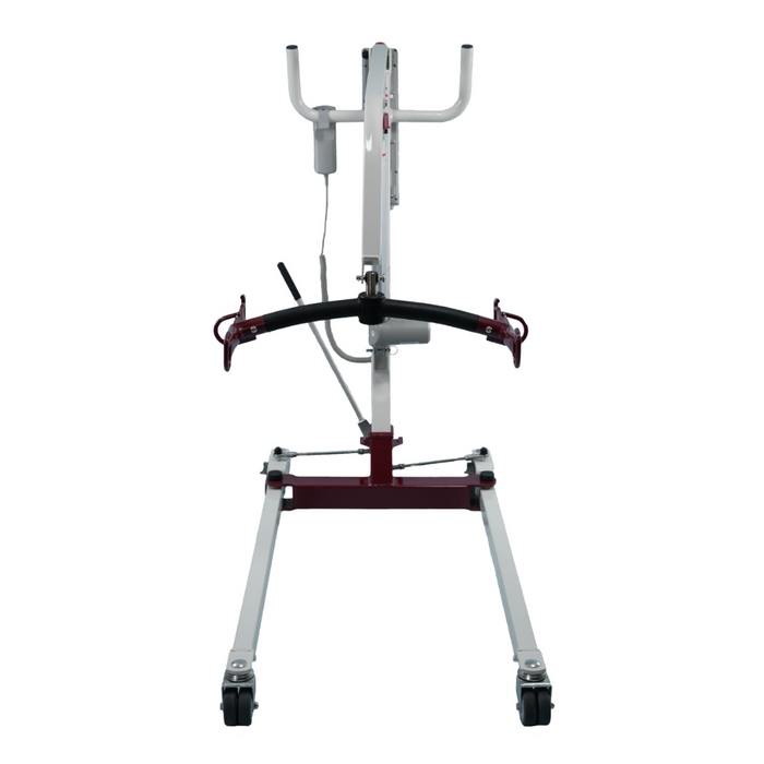 Front view of the Bestcare Bestlift PL182 Full Body Electric Patient Lift, a white and red mobility aid with two wheels and a black horizontal support bar. Designed for bariatric transfers, it features a top control handle and TiMotion system for smooth operation.