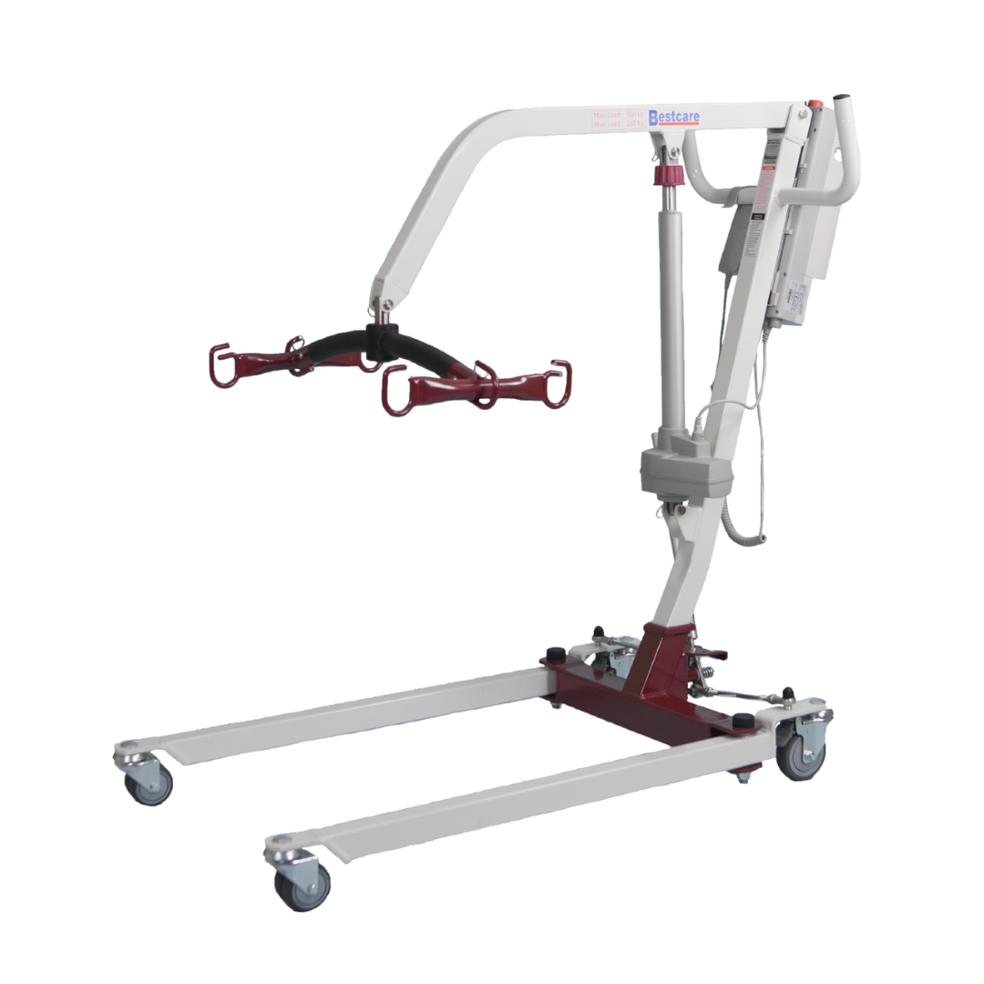 The Bestcare Bestlift PL228 HD Care Electric Patient Mobile Lift is a compact, electric lift featuring a sturdy frame, four wheels, and an adjustable lifting arm with sling hooks for safe and efficient patient transfers.