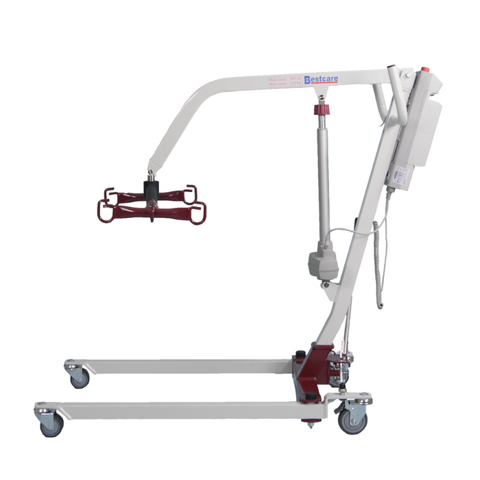 The Bestcare Bestlift PL228 HD Care Electric Patient Mobile Lift is a white lift with a red base and arm, featuring four wheels for mobility. It has a sturdy metal frame, an extendable arm, and a side control panel, designed for safe patient transfer in medical settings.