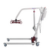 The Bestcare Bestlift PL228 HD Care Electric Patient Mobile Lift is a white lift with a red base and arm, featuring four wheels for mobility. It has a sturdy metal frame, an extendable arm, and a side control panel, designed for safe patient transfer in medical settings.