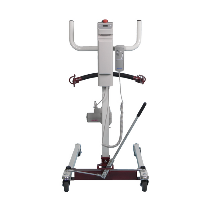 The Bestcare Bestlift PL228 HD Care is a compact, electric patient lift with a white and red design. It includes handlebars, a control unit, battery compartment, and foot pedal, mounted on wheels for easy mobility.