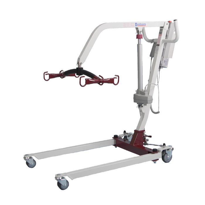 The Bestcare Bestlift PL228 HD Care Electric Patient Mobile Lift is a compact, electric lift featuring a sturdy frame, four wheels, and an adjustable lifting arm with sling hooks for safe and efficient patient transfers.