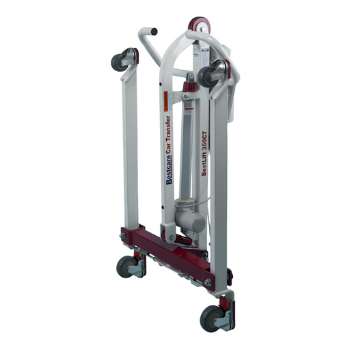 The Bestcare BestLift PL350CT is a compact, foldable electric patient lift with a white and red frame on four wheels. Designed for easy transport and maneuverability, it includes handles and attachment points for secure patient positioning during car transfers or portable mobility needs.