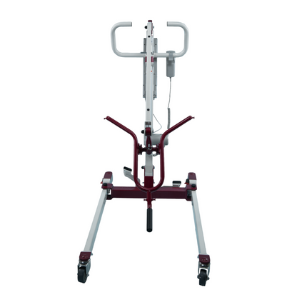 Front view of the Bestcare BestLift PL350CT, a red and white folding portable lift featuring two handles, a control panel, and an adjustable wheeled base. Its designed to assist in car transfers and help individuals with mobility needs.