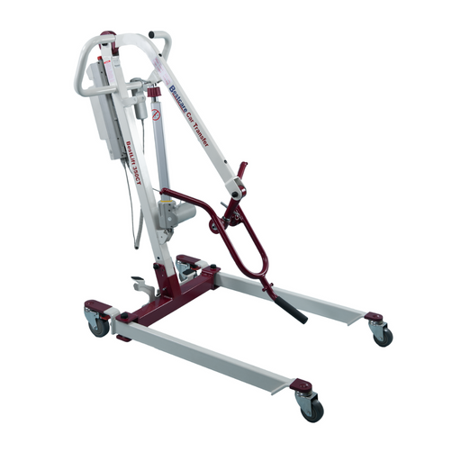 The Bestcare BestLift PL350CT, a folding portable electric patient lift with a red and white frame, features four wheels for easy movement and a central lifting mechanism, making it perfect for car transfers and assisting individuals with mobility challenges.