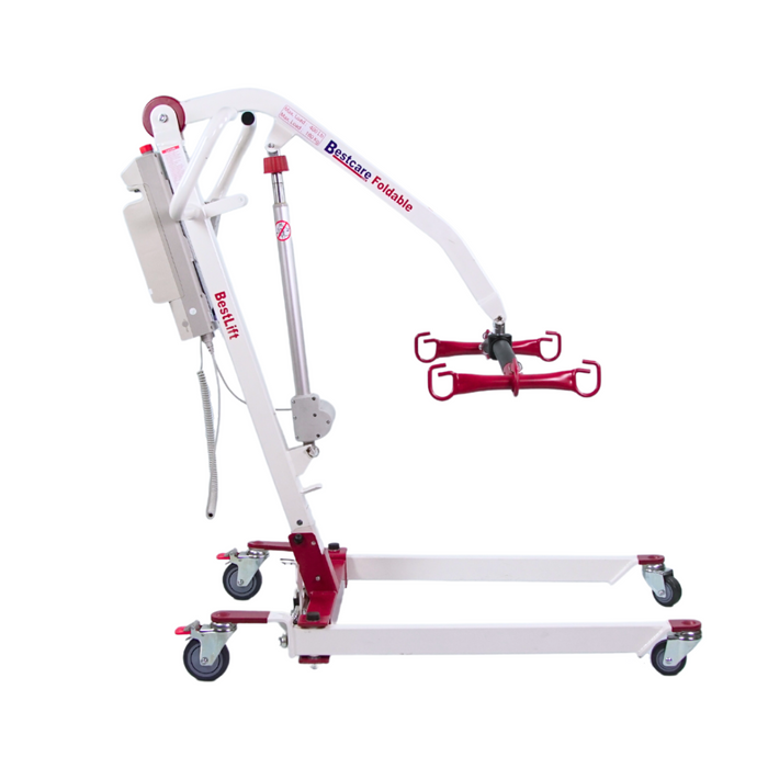 The Bestcare BestLift PL400EF Compact Foldable Electric Mobile Floor Lift is a red and white hydraulic patient lift on wheels, designed for easy travel. It features a sturdy base, adjustable arm, and padded cradle for lifting.