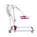 The Bestcare BestLift PL400EF Compact Foldable Electric Mobile Floor Lift is a red and white hydraulic patient lift on wheels, designed for easy travel. It features a sturdy base, adjustable arm, and padded cradle for lifting.