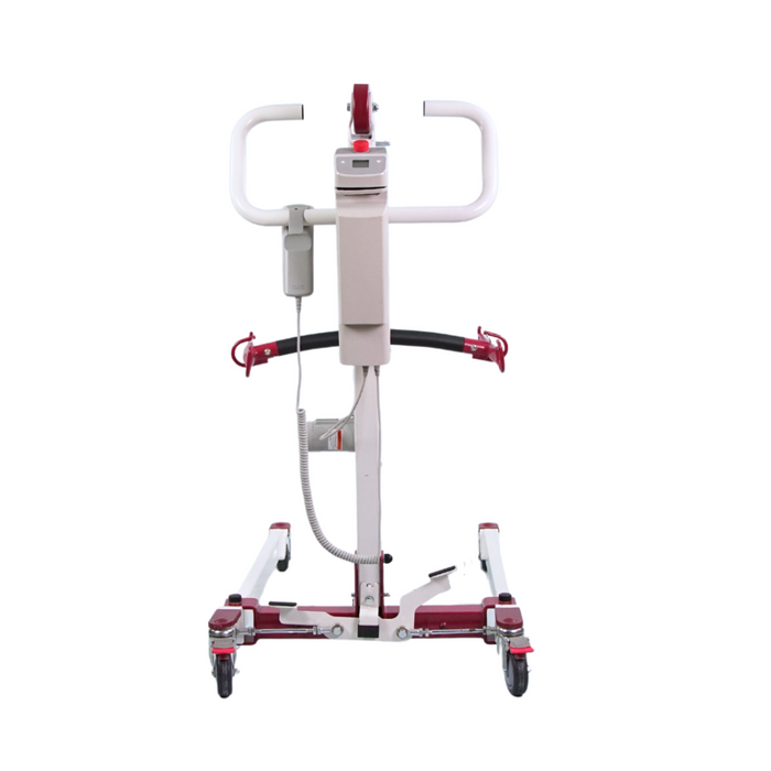 The Bestcare BestLift PL400EF is a compact, foldable electric mobile floor lift in red and white, equipped with U-shaped handles, a central control panel, lift support belt, and wheels for easy transport. Designed for mobility assistance in healthcare settings.