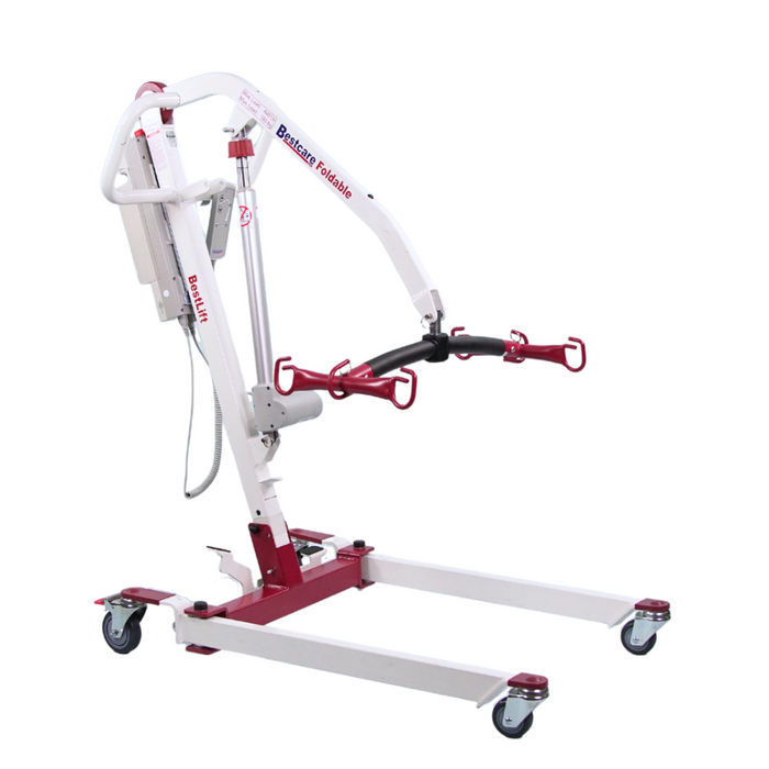 The Bestcare BestLift PL400EF is a compact, foldable, red and white electric mobile floor lift with wheels. Designed for aiding in lifting and transferring individuals, it features a padded sling bar and a sturdy base for travel-friendly stability.