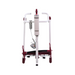 Front view of a white and red Bestcare BestLift PL400EF compact electric lift featuring handlebars, a control panel, footrests, and wheels for mobility. This travel-friendly aid is designed for convenience on the go.