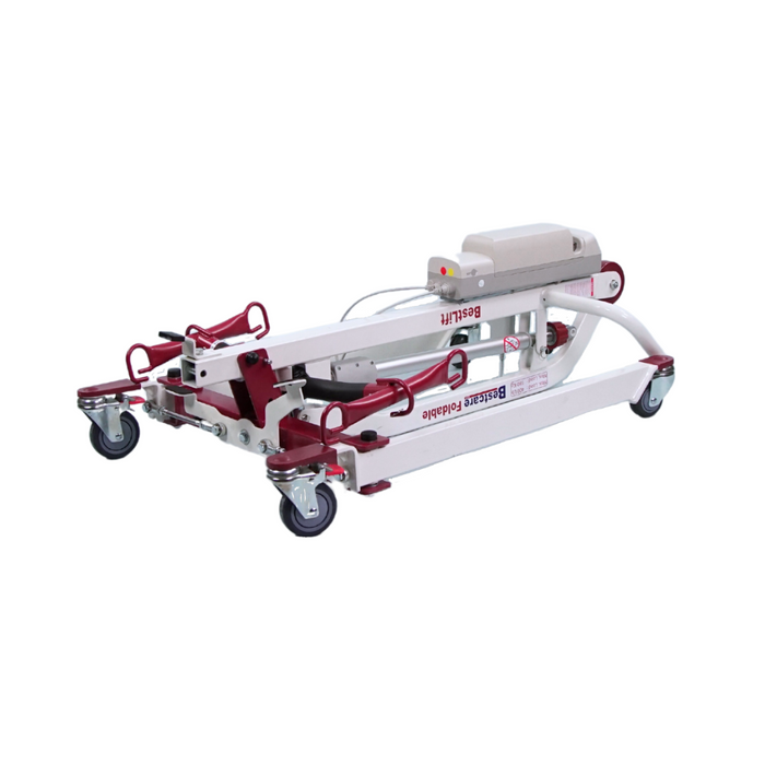 The Bestcare BestLift PL400EF is a compact foldable electric mobile floor lift in red and white, shown collapsed. It features four wheels and a control panel, with a motor for height adjustment, making it ideal for travel and easy mobility.