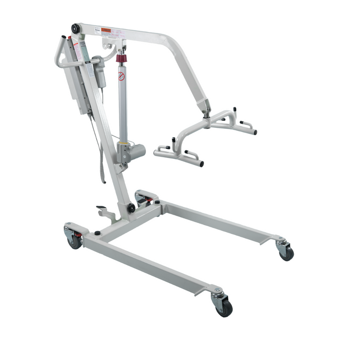 The Bestcare Bestlift PL400HE Electric Patient Lift features a sturdy gray frame, wheels for easy mobility, and a hanging lift arm with a sling attachment. Its ideal for patient transfer in home care settings and is equipped with an electric mechanism for smooth transfers.