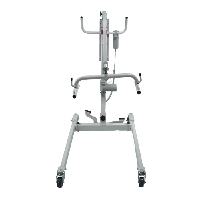 Front view of the Bestcare Bestlift PL400HE Electric Patient Lift in gray, featuring handles and wheels on a white background. Designed with an efficient hydraulic pump for safe patient transfer, it is ideal for both professional healthcare facilities and home care environments.