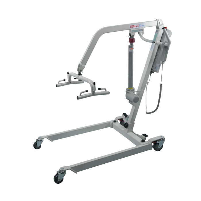 The image showcases the Bestcare Bestlift PL400HE Electric Patient Lift in gray, equipped with wheels, an adjustable arm, and a control panel. Designed for home care, it features a hydraulic pump to assist in patient transfer and mobility.