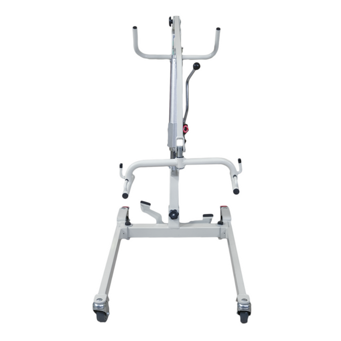 The Bestcare Bestlift PL400H Hydraulic Patient Lift is a white, sturdy metal frame mobile lift with two base wheels, perfect for home care. It has adjustable arms and handles to aid safe patient transfer and features a hydraulic pump for easy lifting.