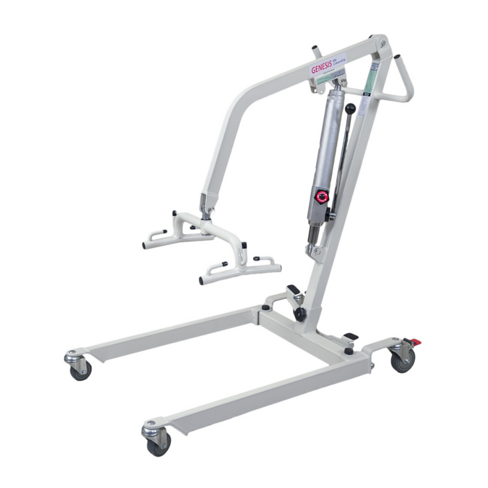 The Bestcare Bestlift PL400H Hydraulic Patient Lift, ideal for home care, features a sturdy metal frame with four wheels for mobility and a hydraulic pump for lifting. It includes two adjustable support arms to ensure safe patient transfers.