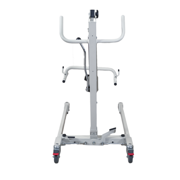 The Bestcare Bestlift PL400H Hydraulic Patient Lift is a gray lift with black accents on caster wheels, perfect for home care. It features handles, a hydraulic pump, and a foot pedal for easy patient transfer and mobility.