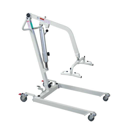 The Bestcare Bestlift PL400H is a white hydraulic patient lift with a metal frame and four wheels for mobility, ideal for home care. It features an adjustable arm with sling hooks for safe patient transfer.