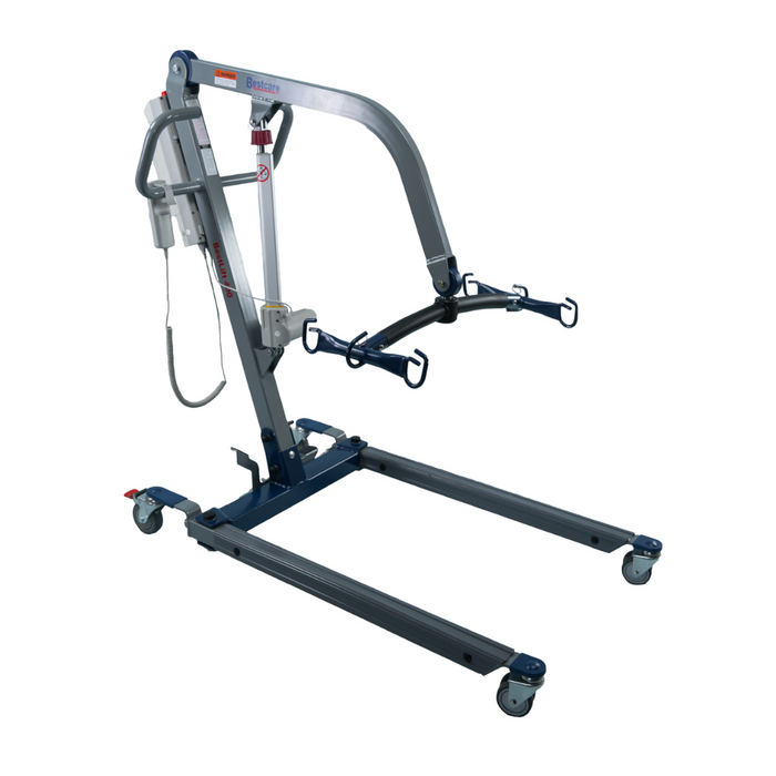 The Bestcare BestLift PL Series Full Body Electric Patient Lift, shown with a blue and gray frame, is a full electric patient lift featuring four wheels, an adjustable arm, and a harness system—ideal for preventing caregiver back injuries during patient transfers.