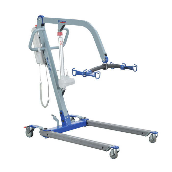 The Bestcare BestLift PL Series offers a blue and gray, full electric patient lift with four wheels and a sturdy metal frame. Designed to prevent caregiver back injuries, it features a curved arm, sling attachment, and intuitive control panel for efficient patient transfers.