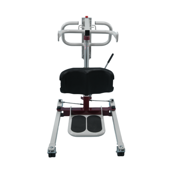 The Bestcare SA Series Sit-To-Stand Compact Electric Patient Lift is a silver and maroon mobility aid featuring a black cushioned seat, support handle, footplate, and adjustable handles. It assists with patient transfers and is possibly Medicare reimbursable.