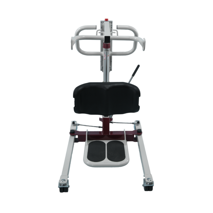 The Bestcare SA Series Sit-To-Stand Compact Electric Patient Lift is a Medicare reimbursable mobility aid featuring a sturdy metal frame, padded seat, footrests, handles for support, and wheels for easy movement designed to assist with standing and transferring patients.