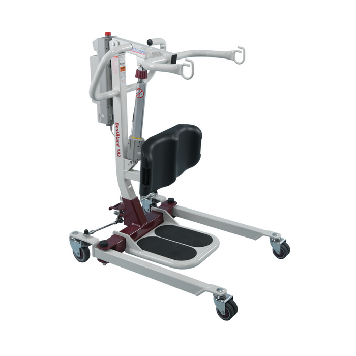 The Medicare reimbursable Bestcare SA Series Sit-To-Stand Compact Electric Patient Lift features a white and maroon frame with a handy seat, footrests, and wheels for smooth patient transfers.