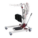 The Bestcare SA Series Sit-To-Stand Compact Electric Patient Lift is white and maroon, featuring wheels, a sturdy base, adjustable armrests, black padded knee support, and a footplate for smooth patient transfers. It may be eligible for Medicare reimbursement.