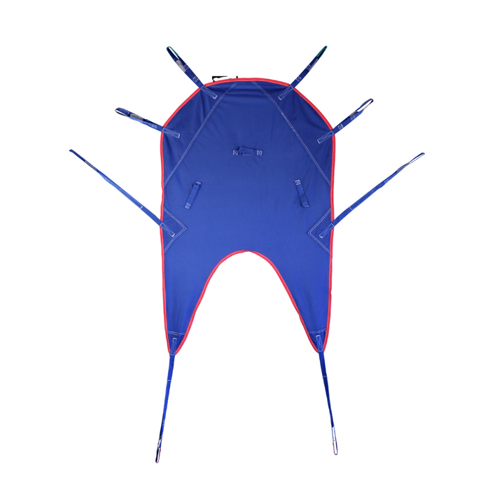 The Bestcare Universal Patient Lift Slings provide secure transfers with their blue, durable polyester mesh design. They feature multiple straps, red stitching, a U-shaped open-ended seat, outward-extending support arms, and head support for added safety.