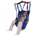 Relaxed and seated comfortably in a U-shaped Bestcare Universal Patient Lift Sling, supported by colorful straps attached to a black bar, the person wears gray sweatpants and a beige top. With eyes closed and white socks, the polyester mesh sling offers head support.