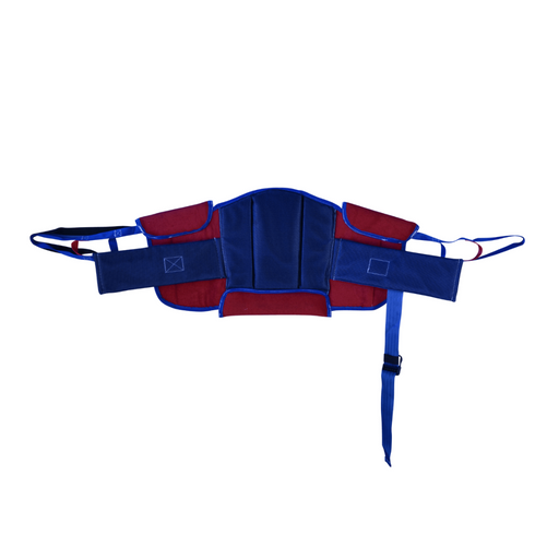 The image displays the Bestcare Stand Assist Slings & Support Straps flat, showcasing its fastenings and structure. It is a blue and red supportive harness with adjustable straps and padding for lifting or mobility assistance, with optional buttock support for enhanced patient comfort.