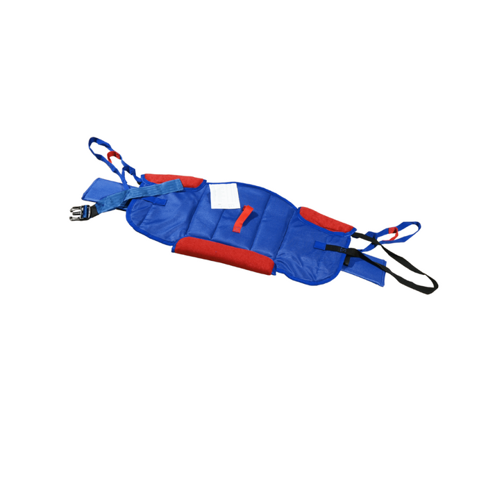 Laid flat on a white background, the Bestcare Stand Assist Slings & Support Straps feature blue and red adjustable straps with buckles, plus optional buttock support for enhanced patient comfort.