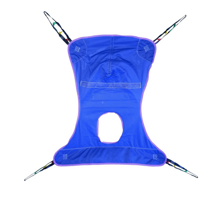 The Bestcare Full Body Slings, designed for lifting and transferring individuals, feature a blue mesh fabric with purple trim. Available in bariatric sizes, they include four reinforced straps with color-coded loops and a central opening for easy use.