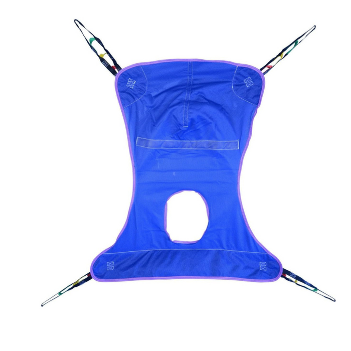 The Bestcare Full Body Slings, designed for lifting and transferring individuals, feature a blue mesh fabric with purple trim. Available in bariatric sizes, they include four reinforced straps with color-coded loops and a central opening for easy use.