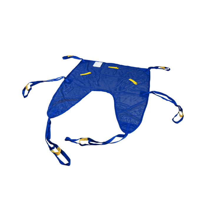 The Bestcare Universal Patient Lift Sling is a blue polyester mesh U-shaped sling with yellow attachment loops at each corner and along the edges, designed for use with a patient lift system to provide secure support.