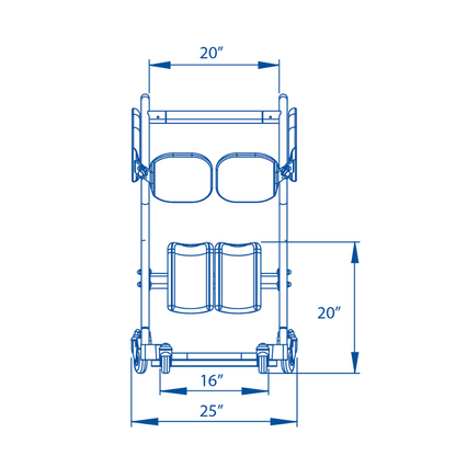 Blueprint-style top view of the Bestcare STA400 Standing Transfer Aid shows padded supports, four wheels, hand grips, and labeled dimensions: 20" wide at top, 20" tall, 16" wide at center, and 25" wide at base.