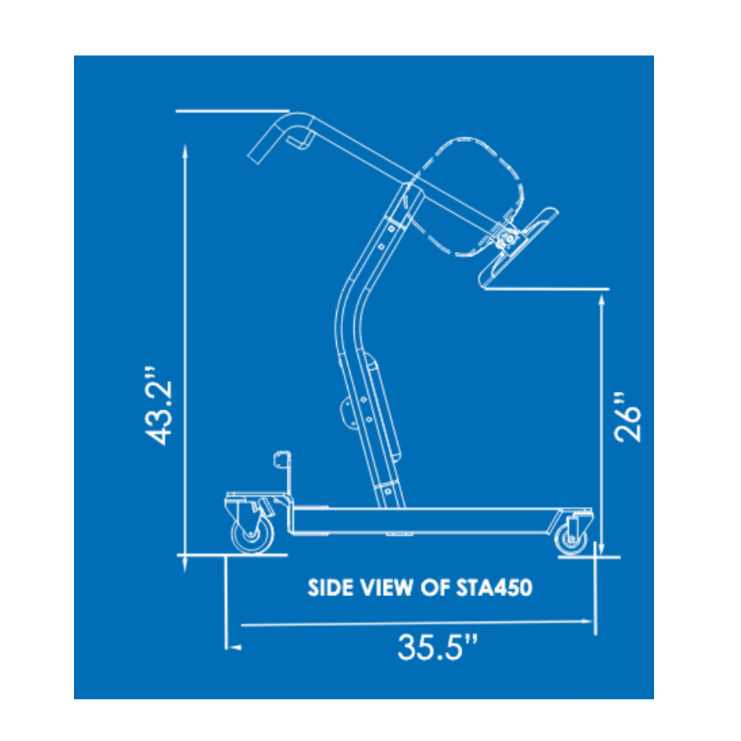 Blueprint-style side view of the Bestcare STA450 Standing Transfer Aid, a caregiver assist device, with measurements: 43.2 tall, 35.5 long, and 26 wide, displayed on a blue background.