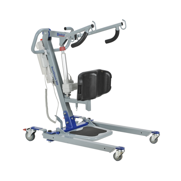 The Bestcare BestStand® SA Series Sit-to-Stand Patient Lift is blue and gray with wheels, a padded support seat, ergonomic design, hydraulic mechanism, and handles for easy patient transfers. Black straps ensure secure attachment.