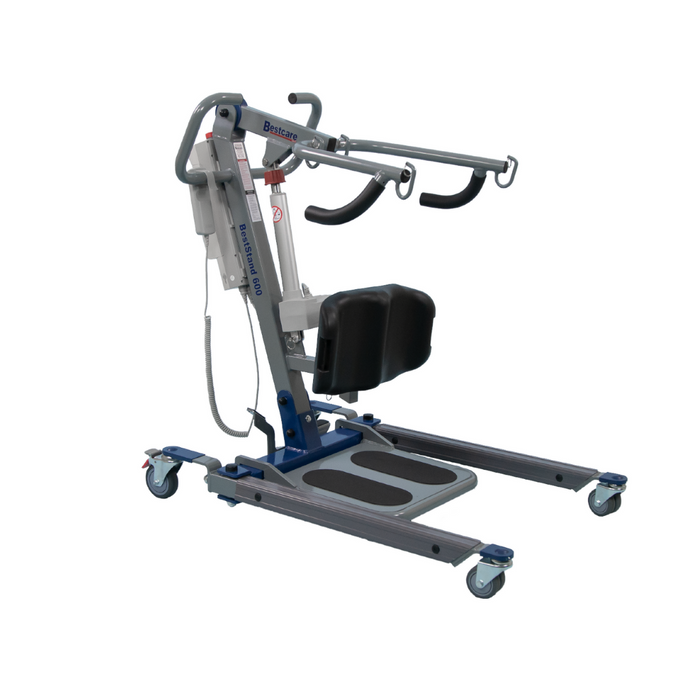 The Bestcare BestStand® SA Series Sit-to-Stand Patient Lift features a steel frame, padded knee support, and adjustable arms on wheels, offering an ergonomic design for safe and efficient patient transfers.