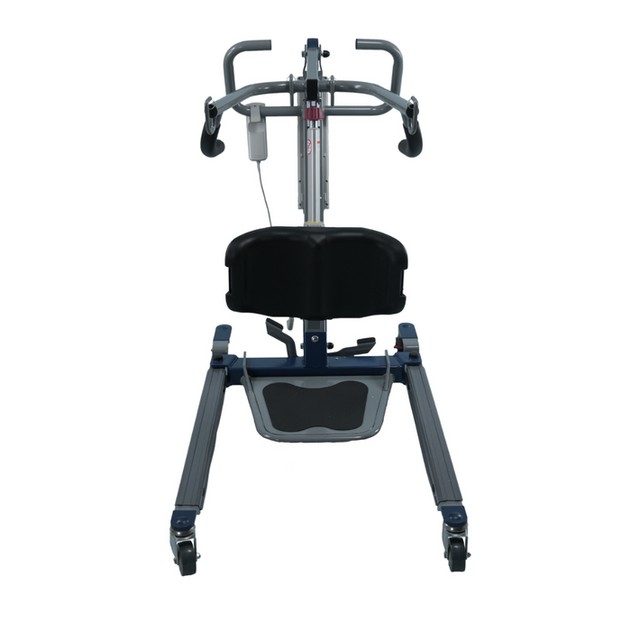 A front-view of the Bestcare BestStand® SA Series Sit-to-Stand Patient Lift showcases its sturdy frame, ergonomic design, adjustable arm supports, and padded seat. Designed for mobility assistance and patient transfers, it features wheels for easy movement.