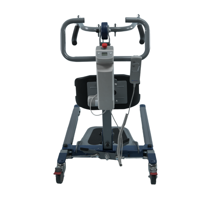 The Bestcare BestStand® SA Series Sit-to-Stand Patient Lift has a sturdy metal frame with wheels, an ergonomic design, padded support, handlebars, and a control panel to assist individuals with mobility challenges during transfers.